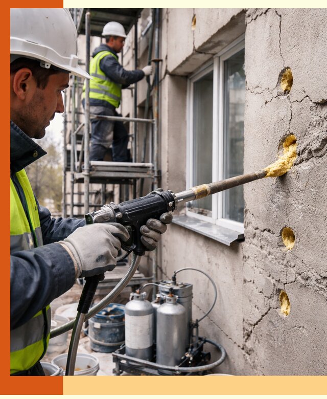 Заполнение пустот в фасаде и утепление стен в Дедовске